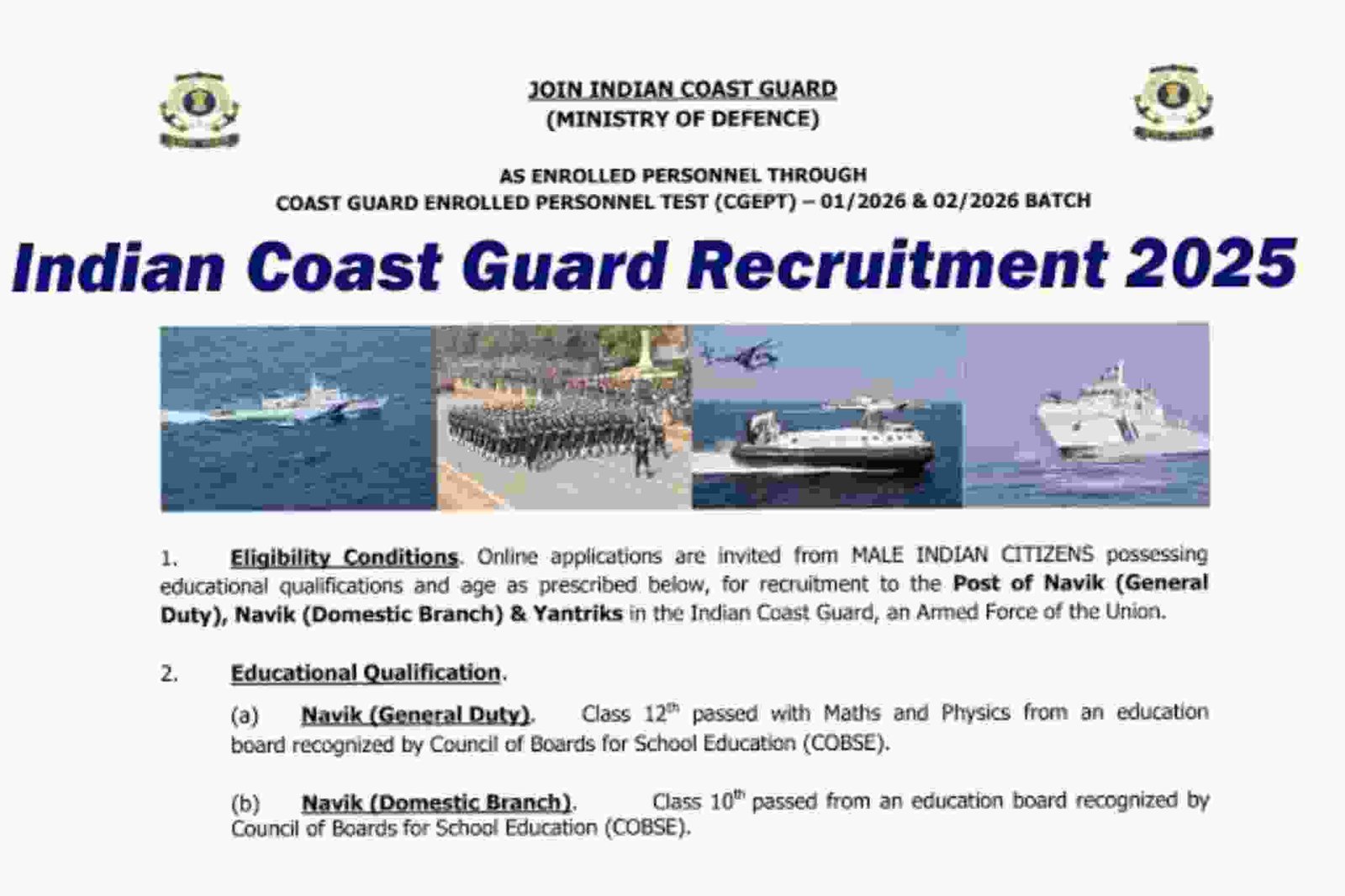Indian Coast Guard Navik GD & Yantrik Form 2025