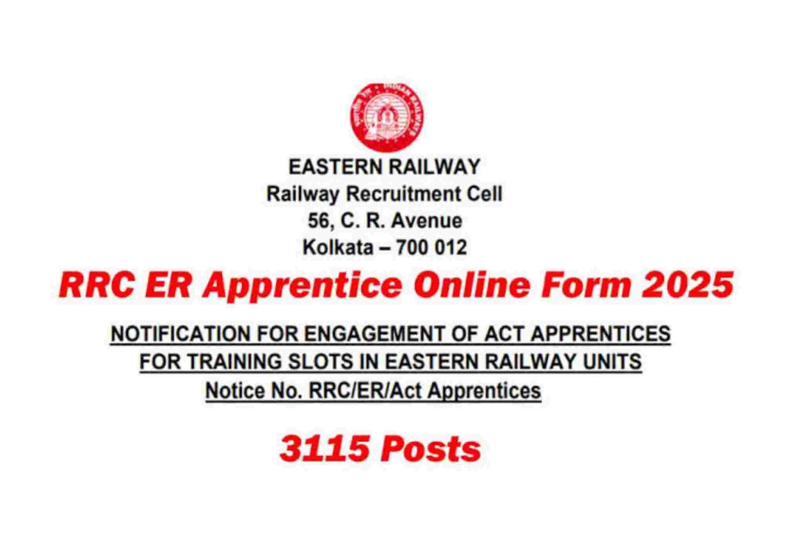 RRC Eastern Railway Apprentice Online Form 2025