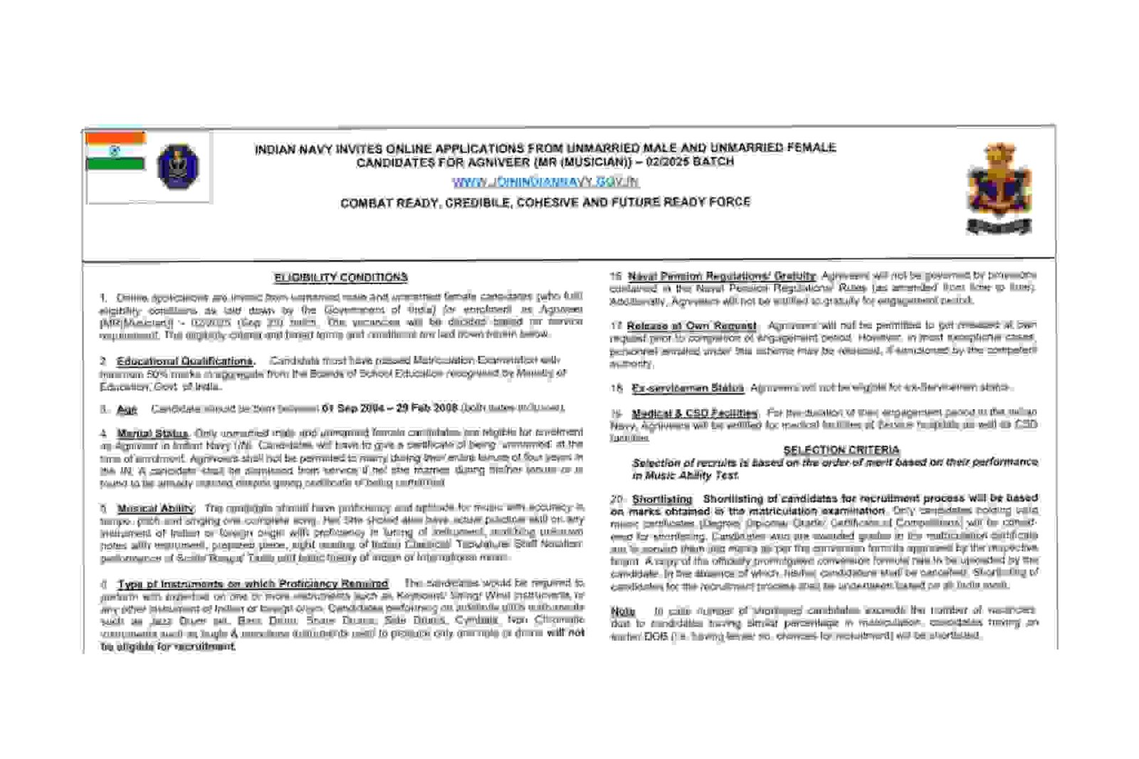 Indian Navy Agniveer MR Musician Online Form 2025